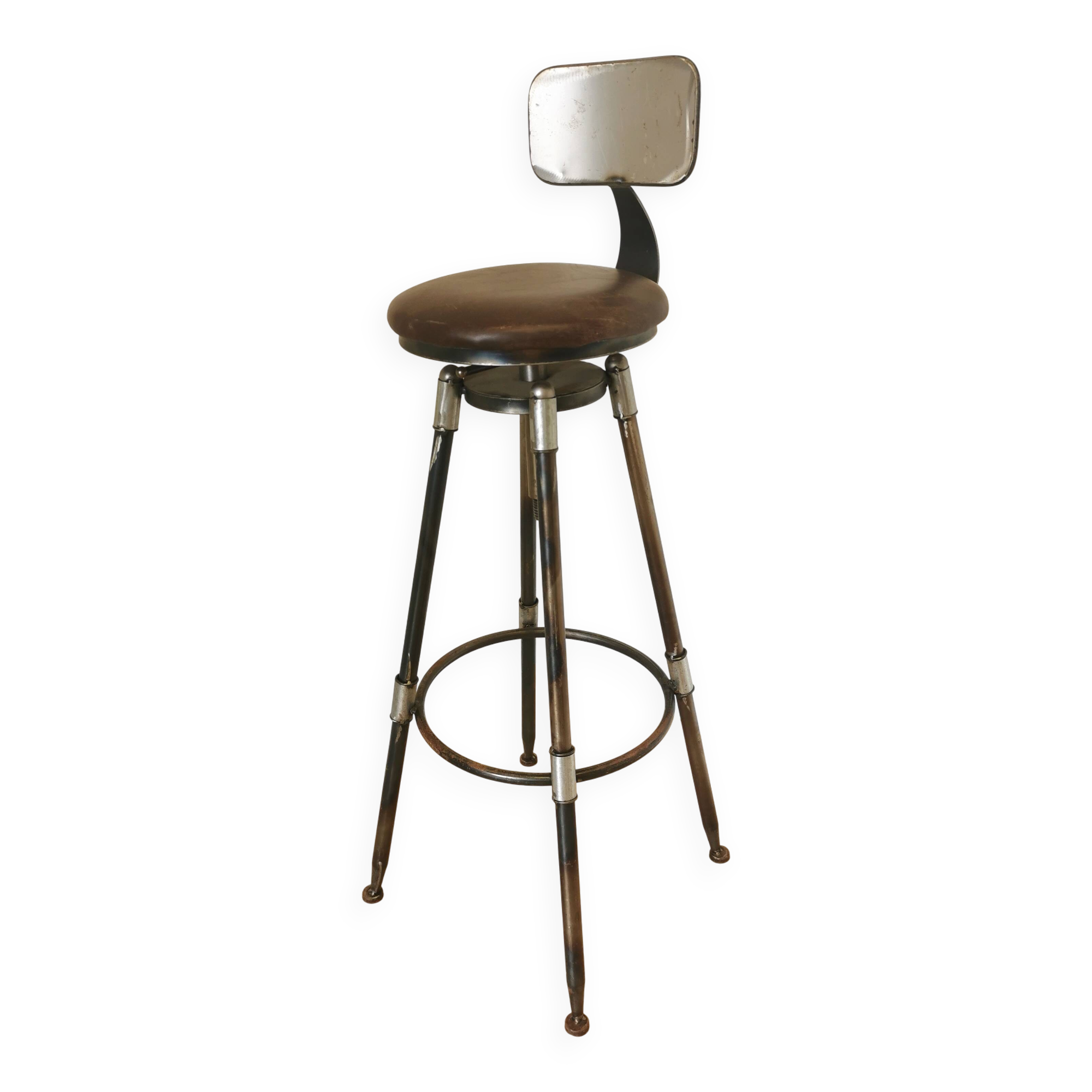 Chaise de bar vintage en métal faite à la main : siège pivotant en cuir à hauteur réglable