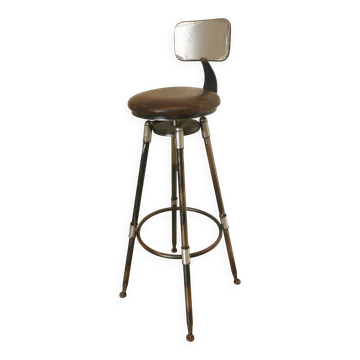 Vintage Handmade Metal Bar Chair: Adjustable Height Leather Swivel Seat