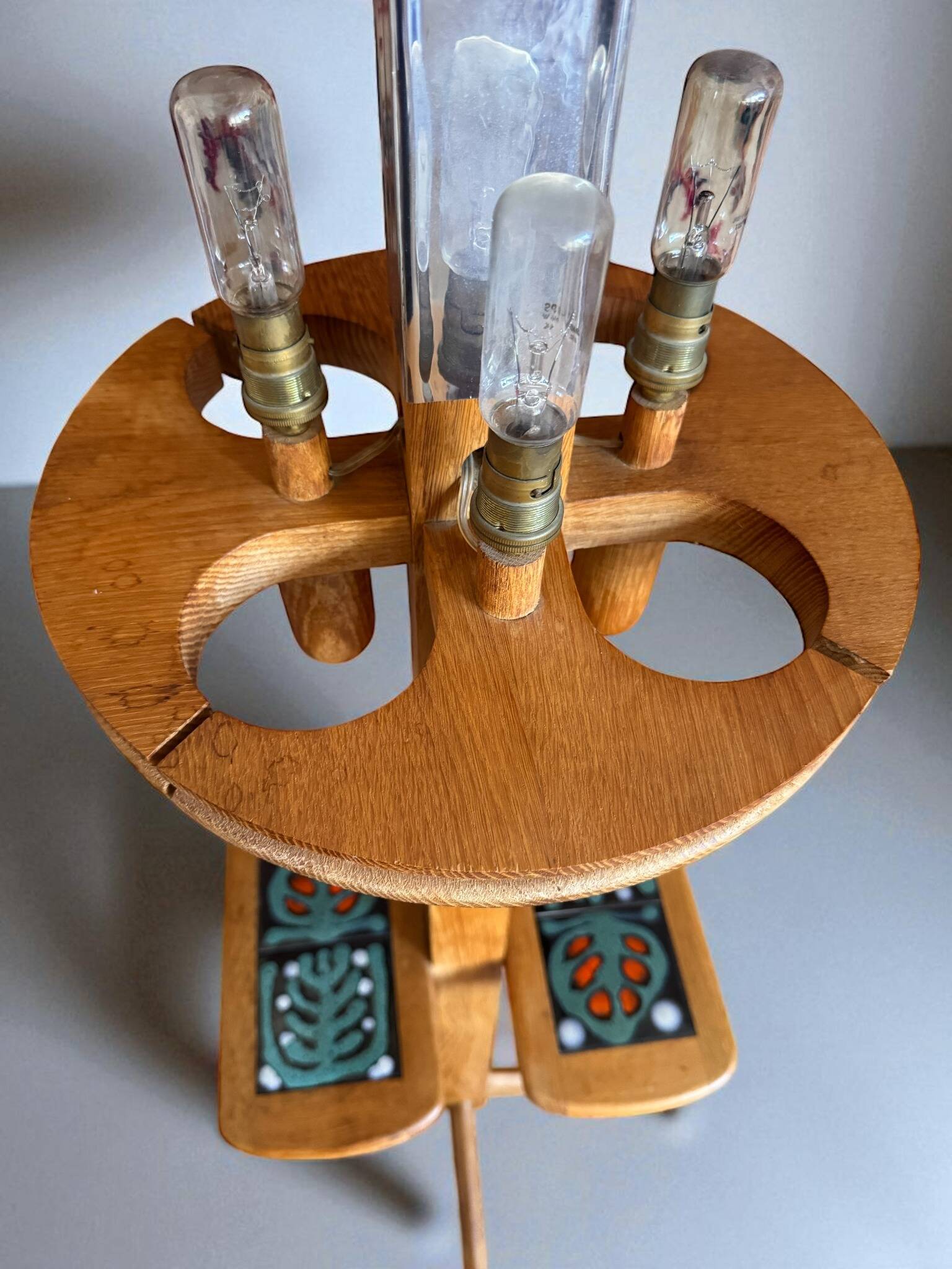 Rare oak and ceramic floor lamp – Guillerme et Chambron, 1950s