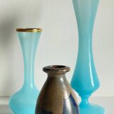 Vintage Blue Stoneware and Opaline Glass VASES