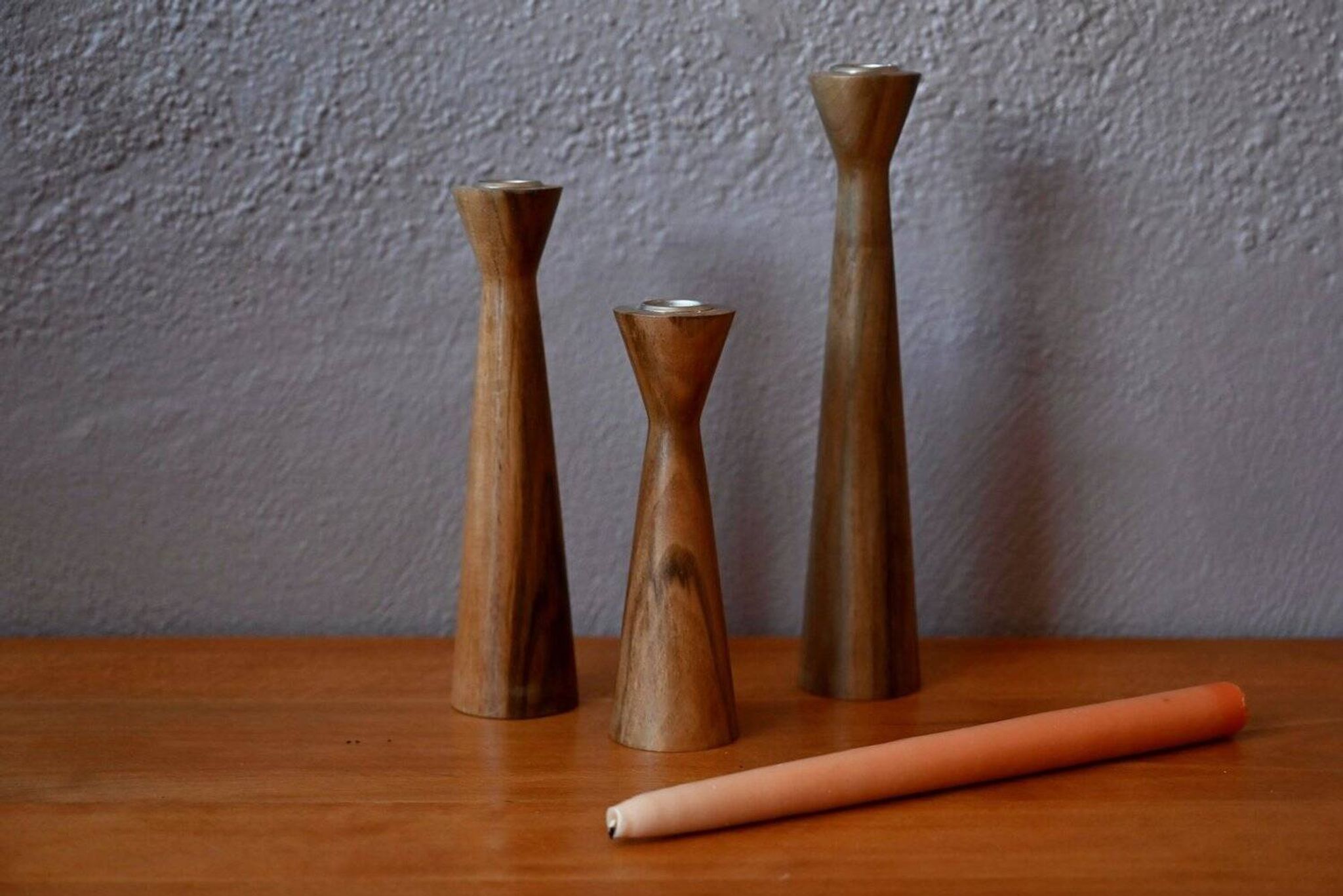 Set of three turned wooden candlesticks, Danish Scandinavian design, 1960s.