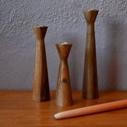 Set of three turned wooden candlesticks, Danish Scandinavian design, 1960s.
