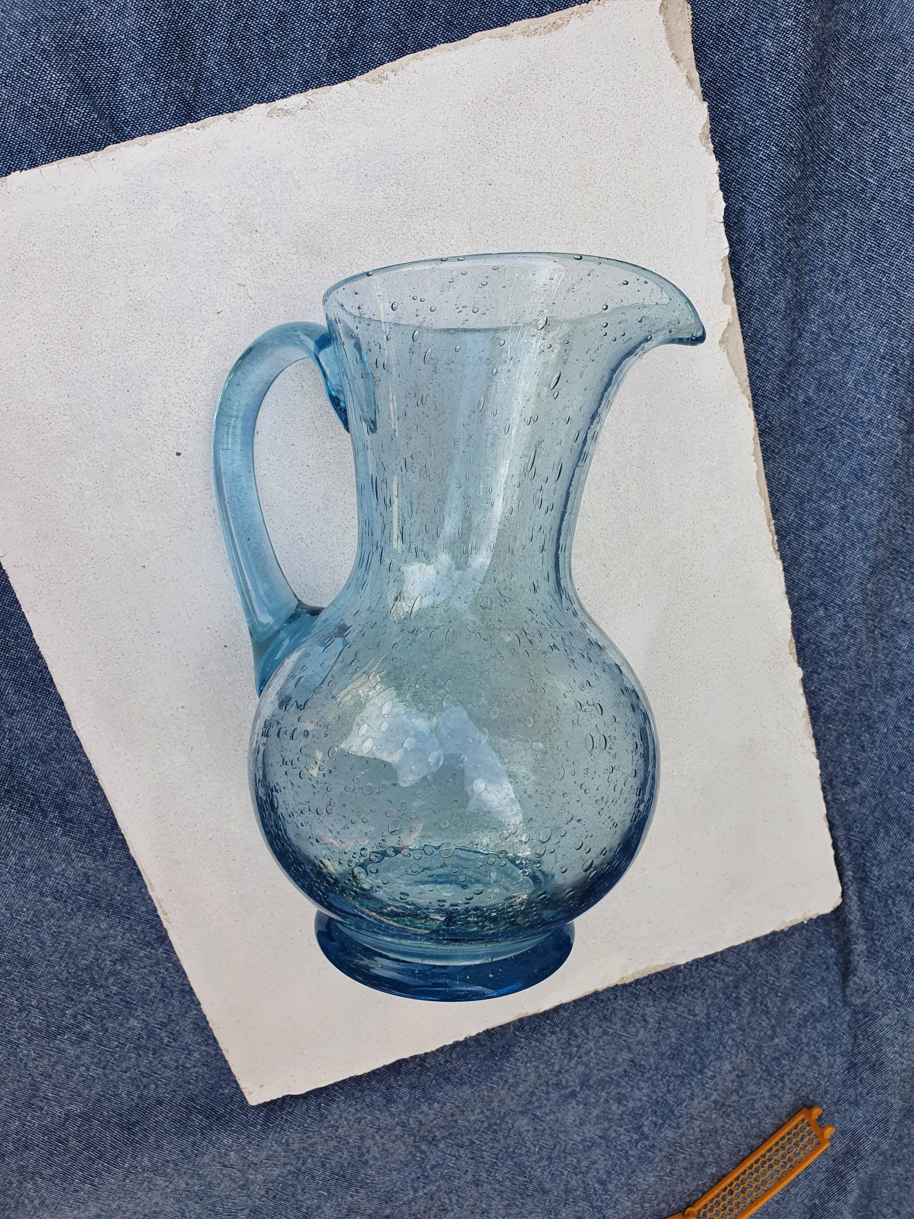 Pitcher or carafe in bubbled glass biot light blue