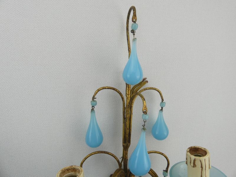 Pair of vintage wall lamps Murano blue opaline tassels