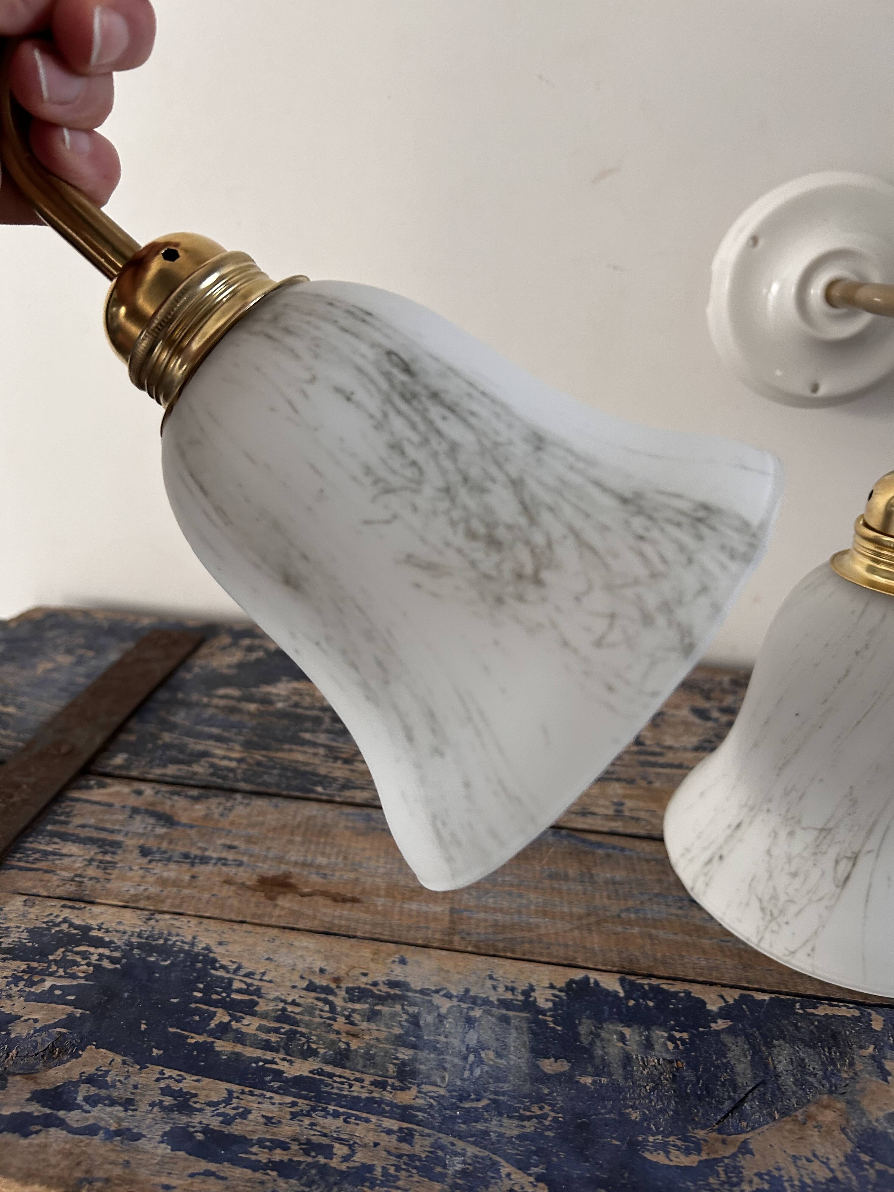 Pair of brass and opaline wall lights