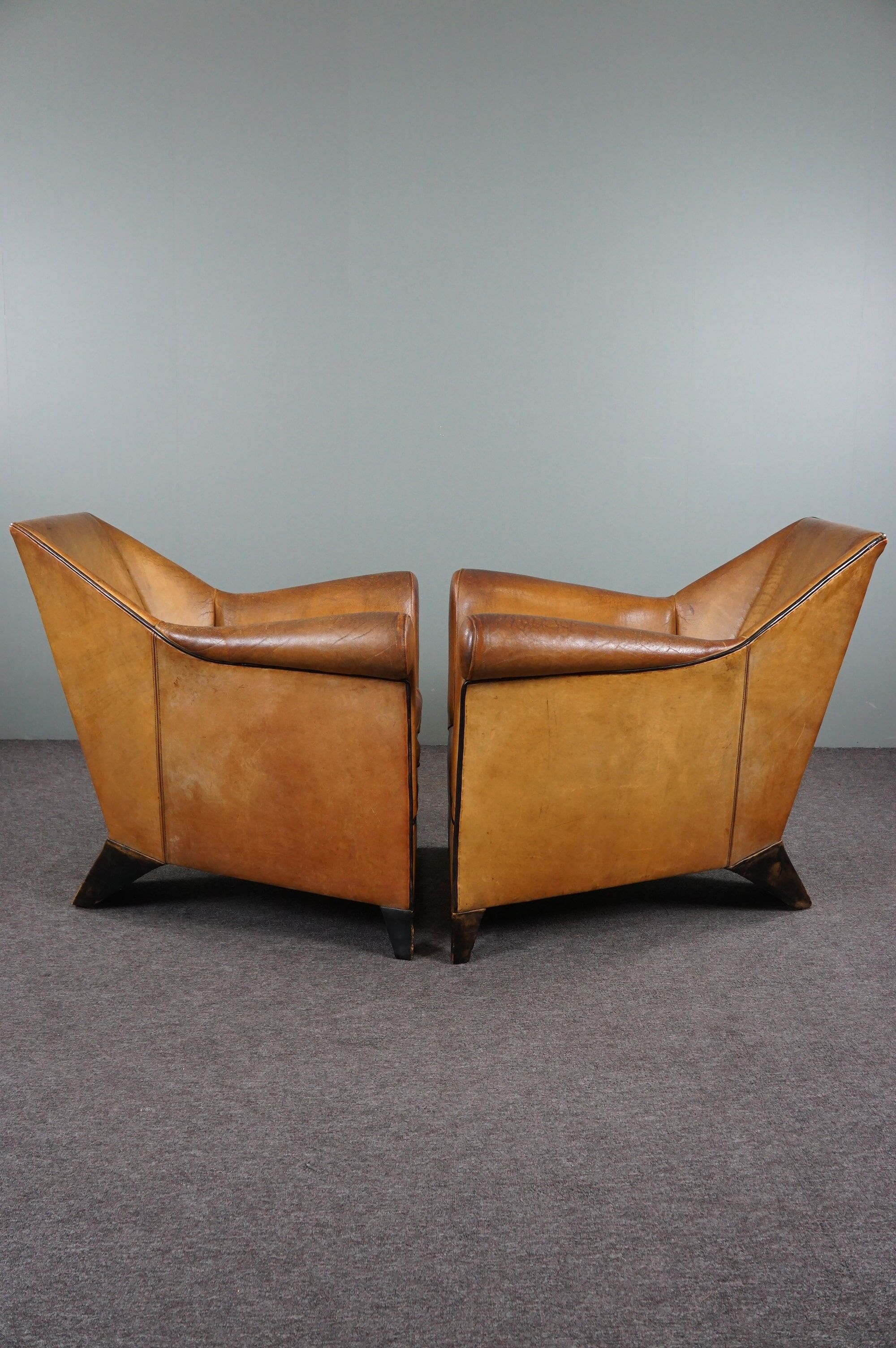 Pair of vintage sheep leather Art Deco armchairs by Bart van Bekhoven
