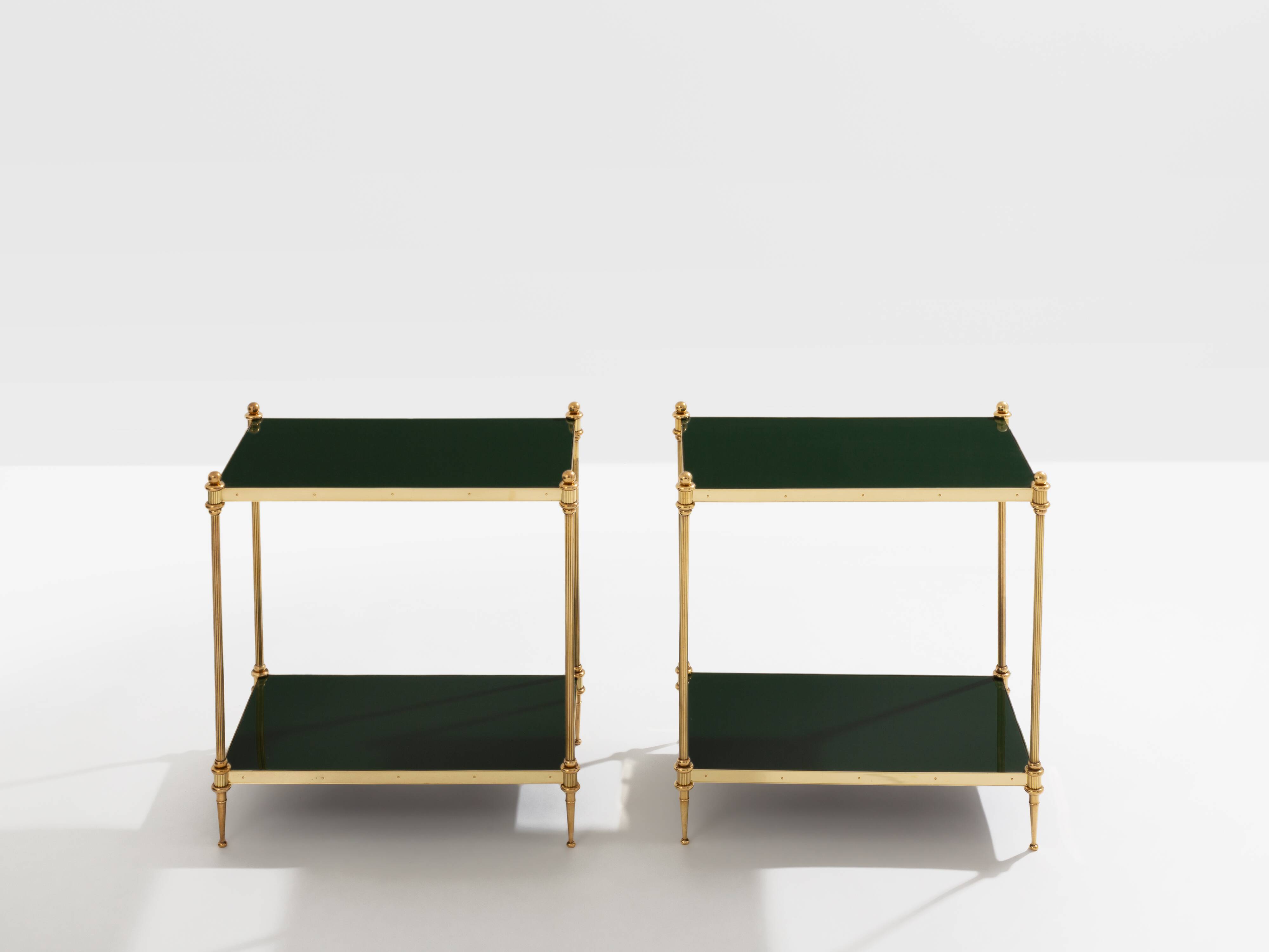 Pair of neoclassical lacquered brass side tables by Maison Jansen, 1970