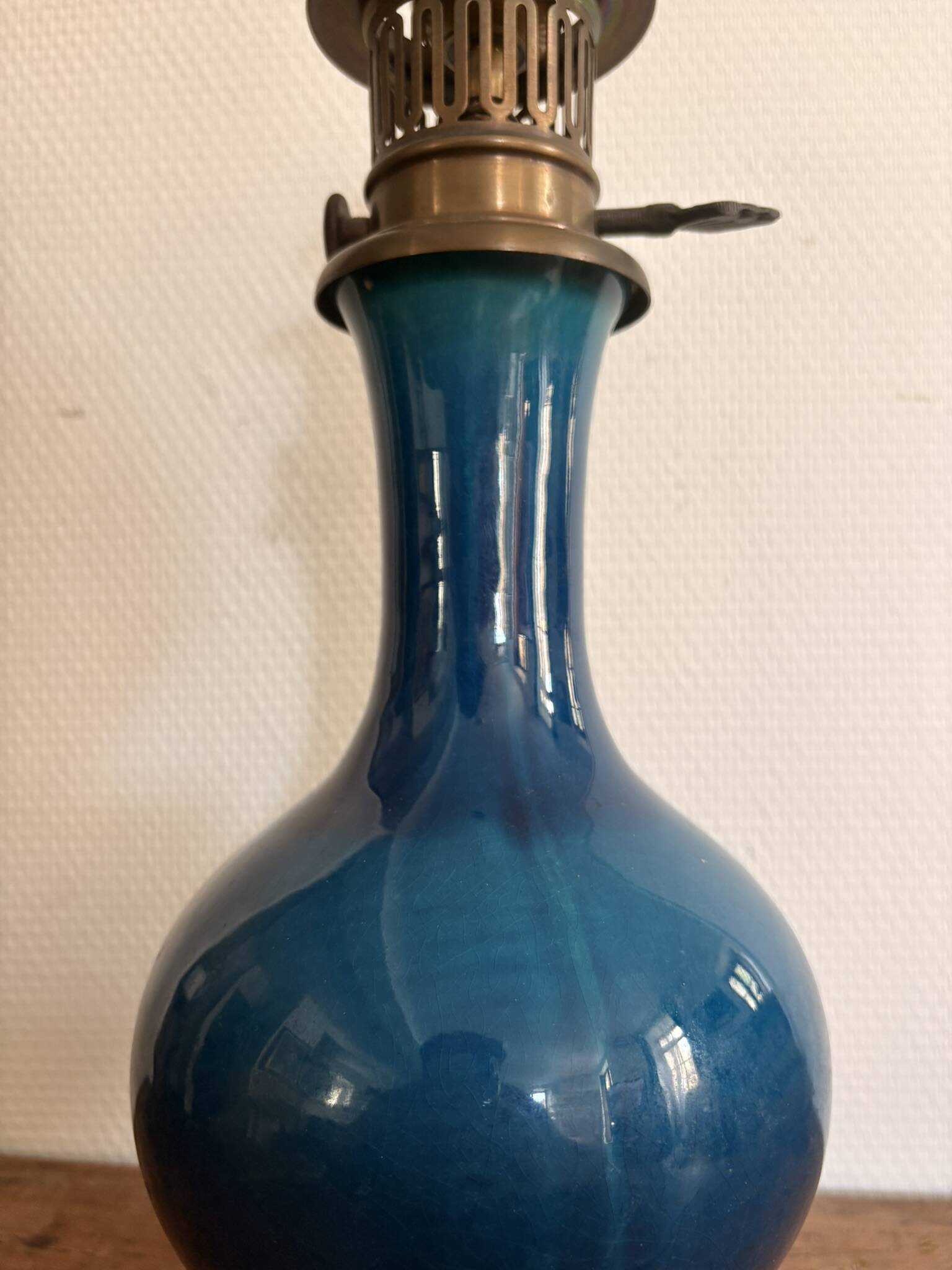 Blue Enamelled Ceramic Lamp Base Brass Vintage Oil Lamp Style