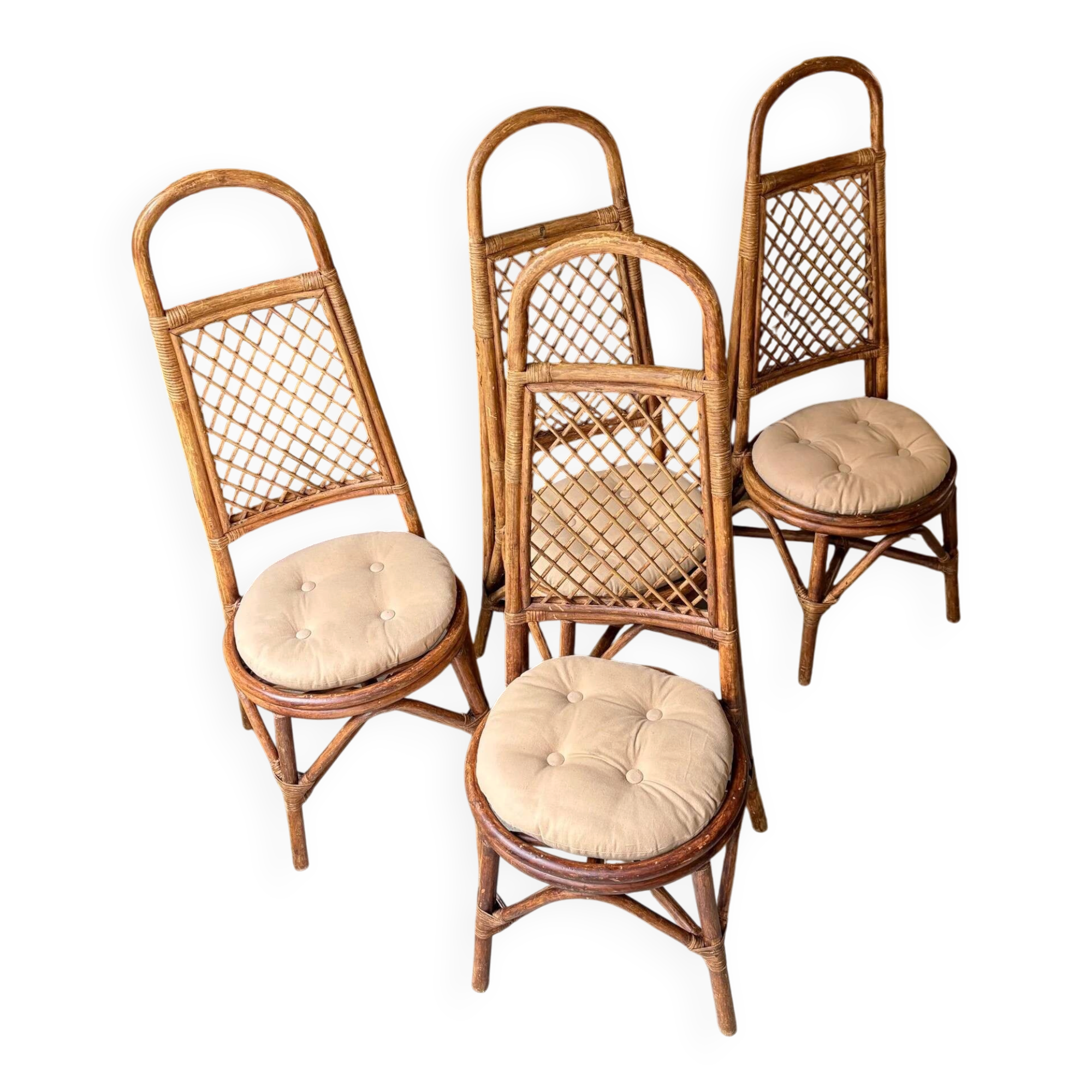 4 bent bamboo and rattan chairs