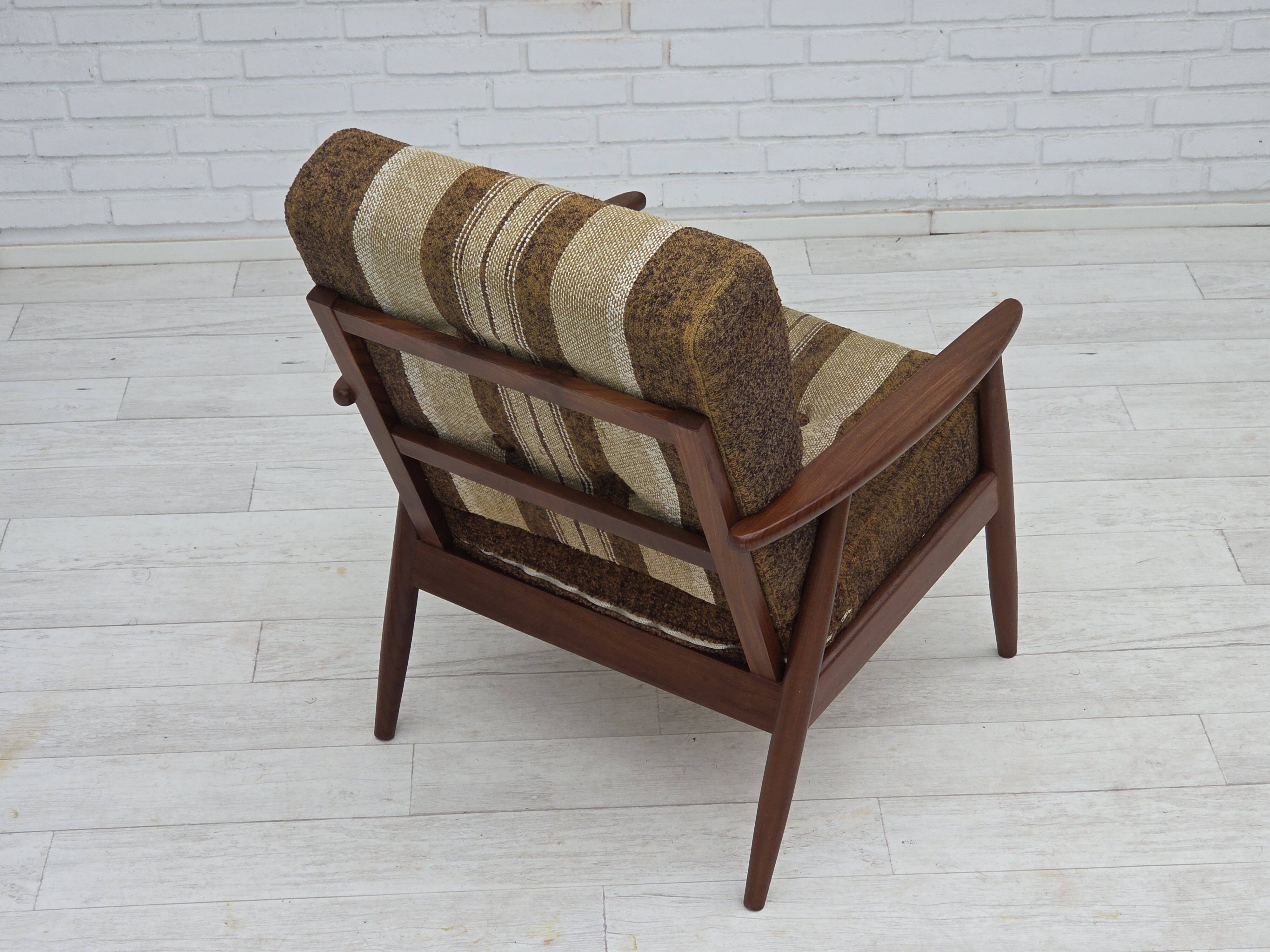 1970s, Danish armchair, teak wood, furniture wool fabric.