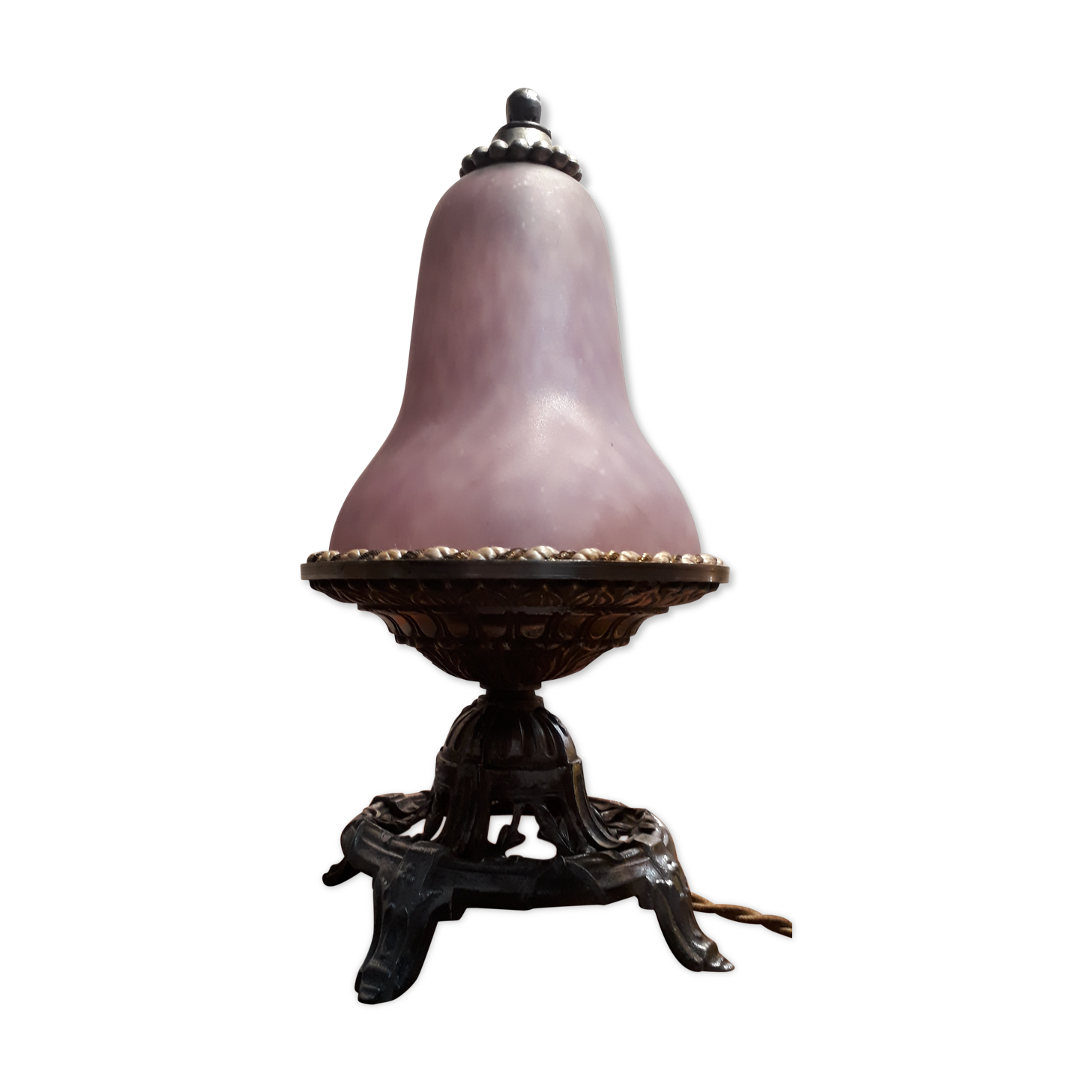 small regule standing bedside lamp with glass tulipepate:/purple,purple light;no sign