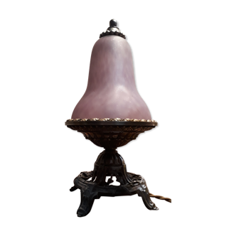small regule standing bedside lamp with glass tulipepate:/purple,purple light;no sign
