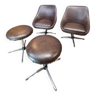 Series of 2 armchairs and 2 vintage stools circa 1970