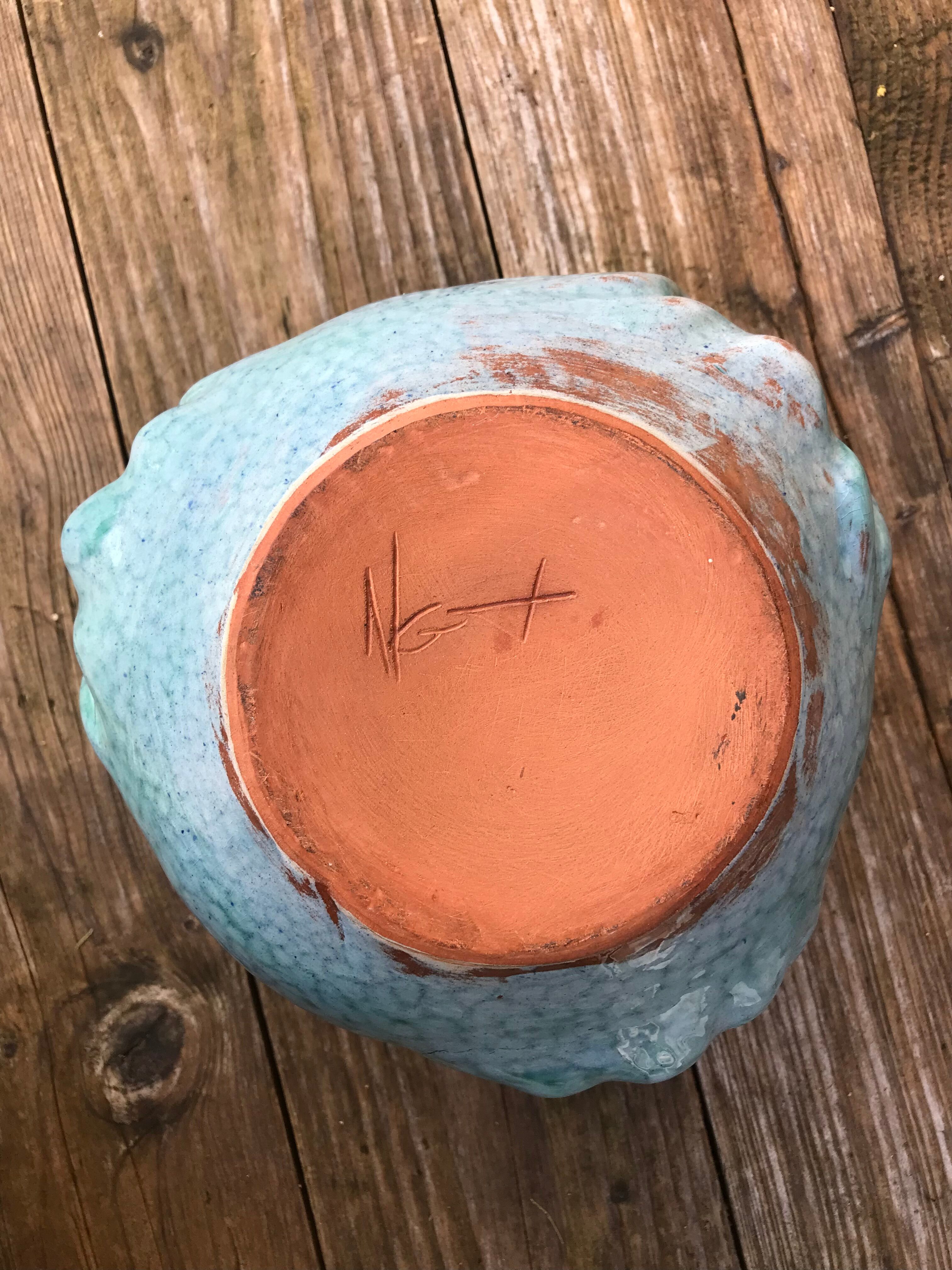 Ceramic vase, three faces, blue marble effects, signed