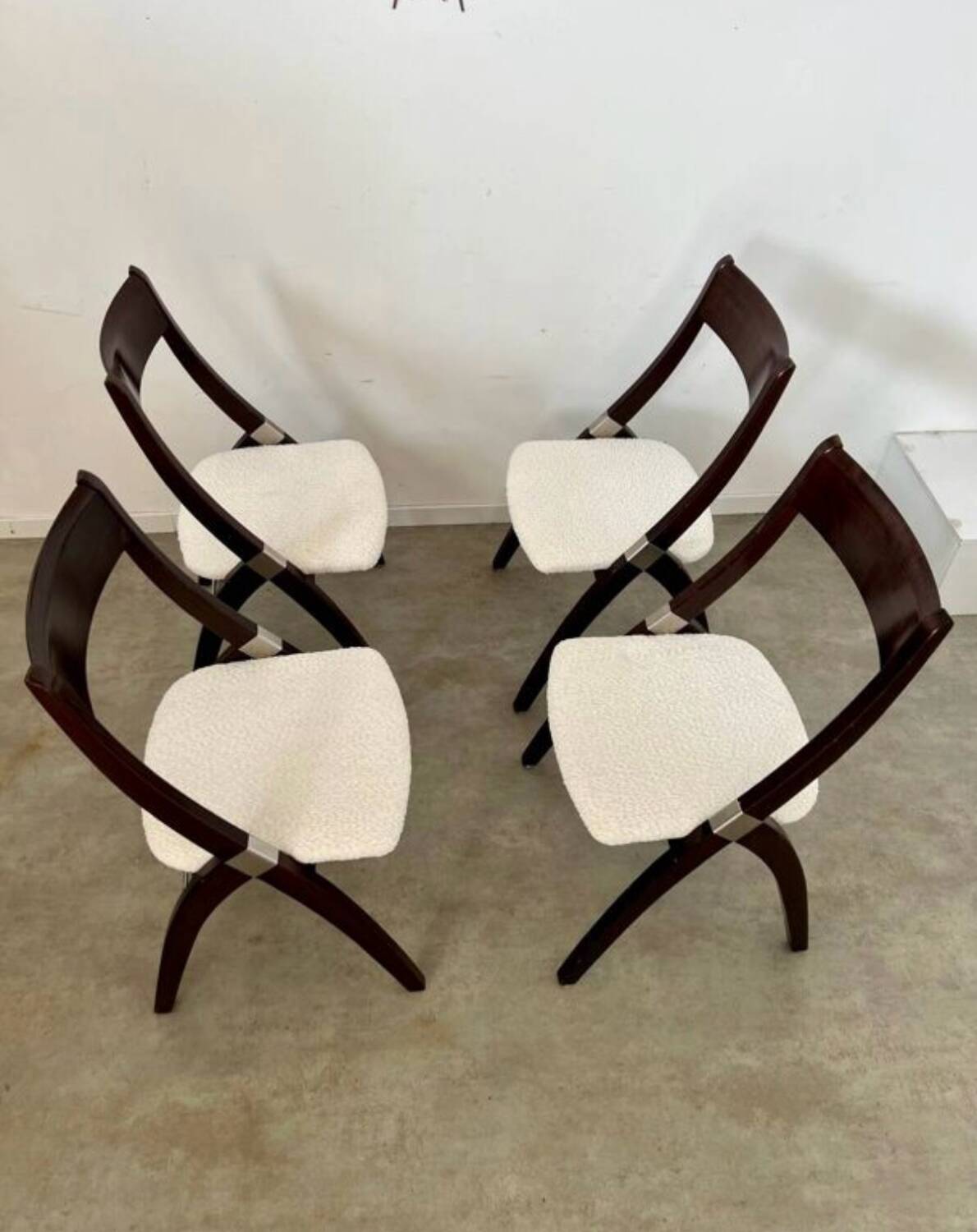 Set of 4 vintage 70s Italian design wooden and terry chairs
