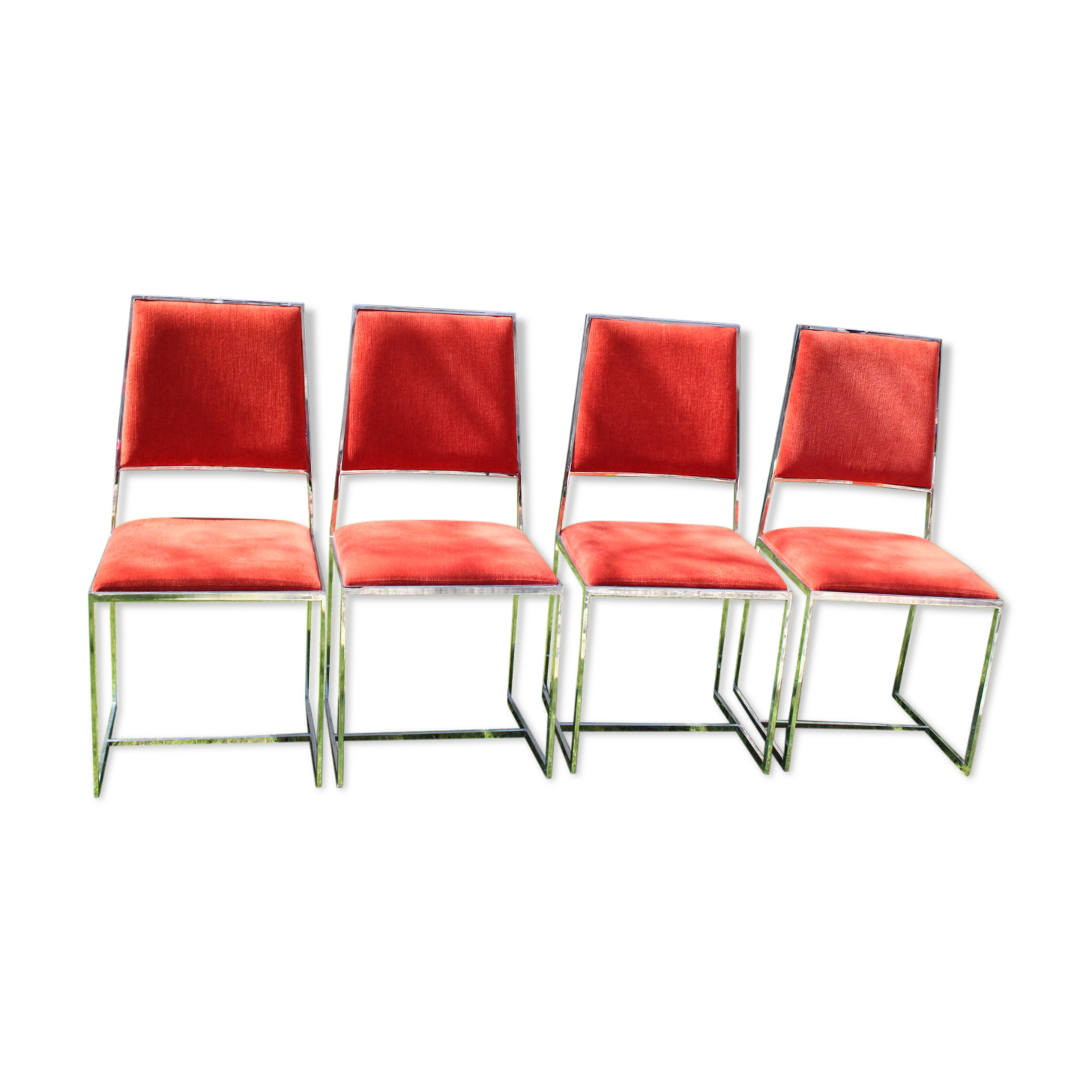4 Chrome chairs in vintage orange velvet