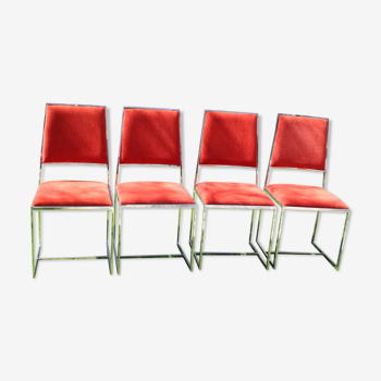 4 chaises chromées en velours orangé vintage