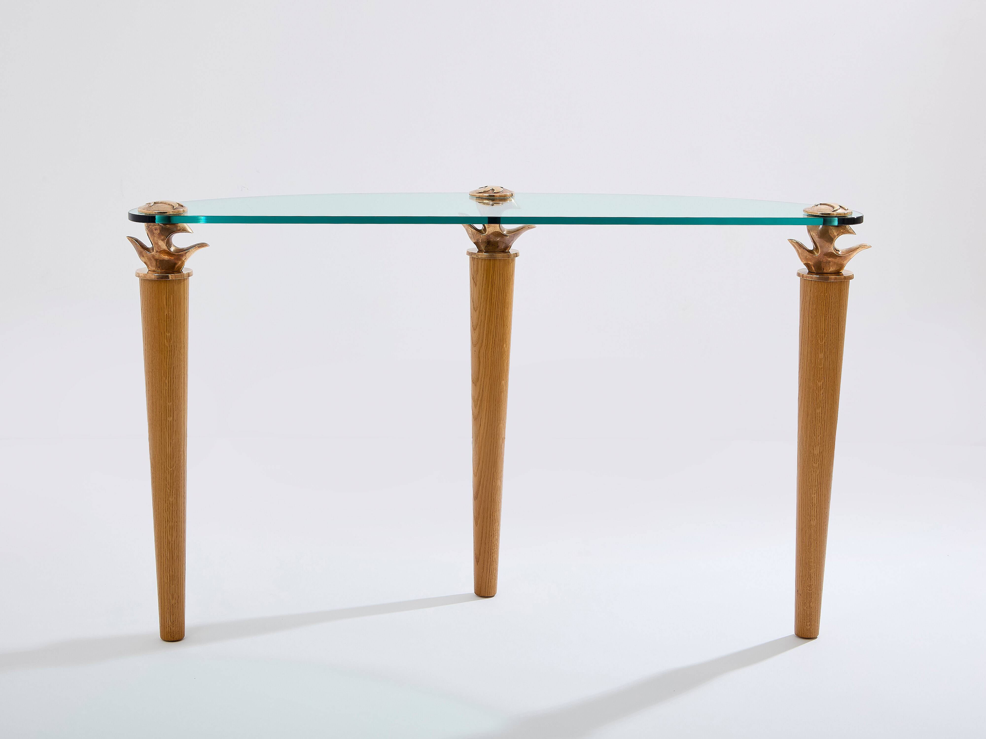 Console chêne massif et bronze verre signée Garouste & Bonetti 1995