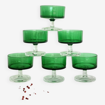 Set of 6 glasses or dessert cups in green colored glass 1970 tableware
