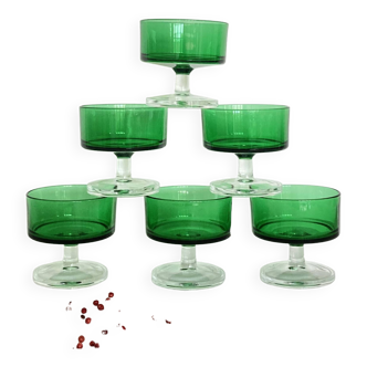 Set of 6 glasses or dessert cups in green colored glass 1970 tableware