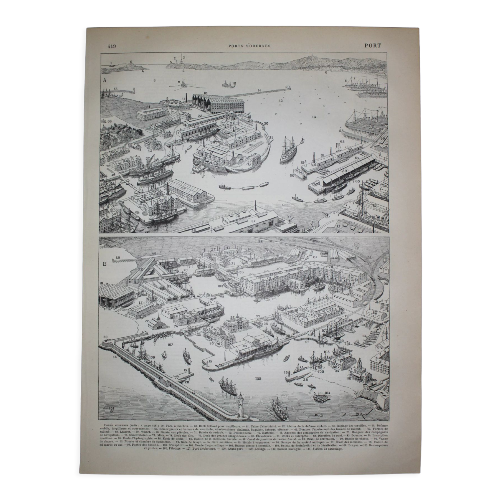 Lithograph • Old port 2, boat, trade • Original engraving from 1898