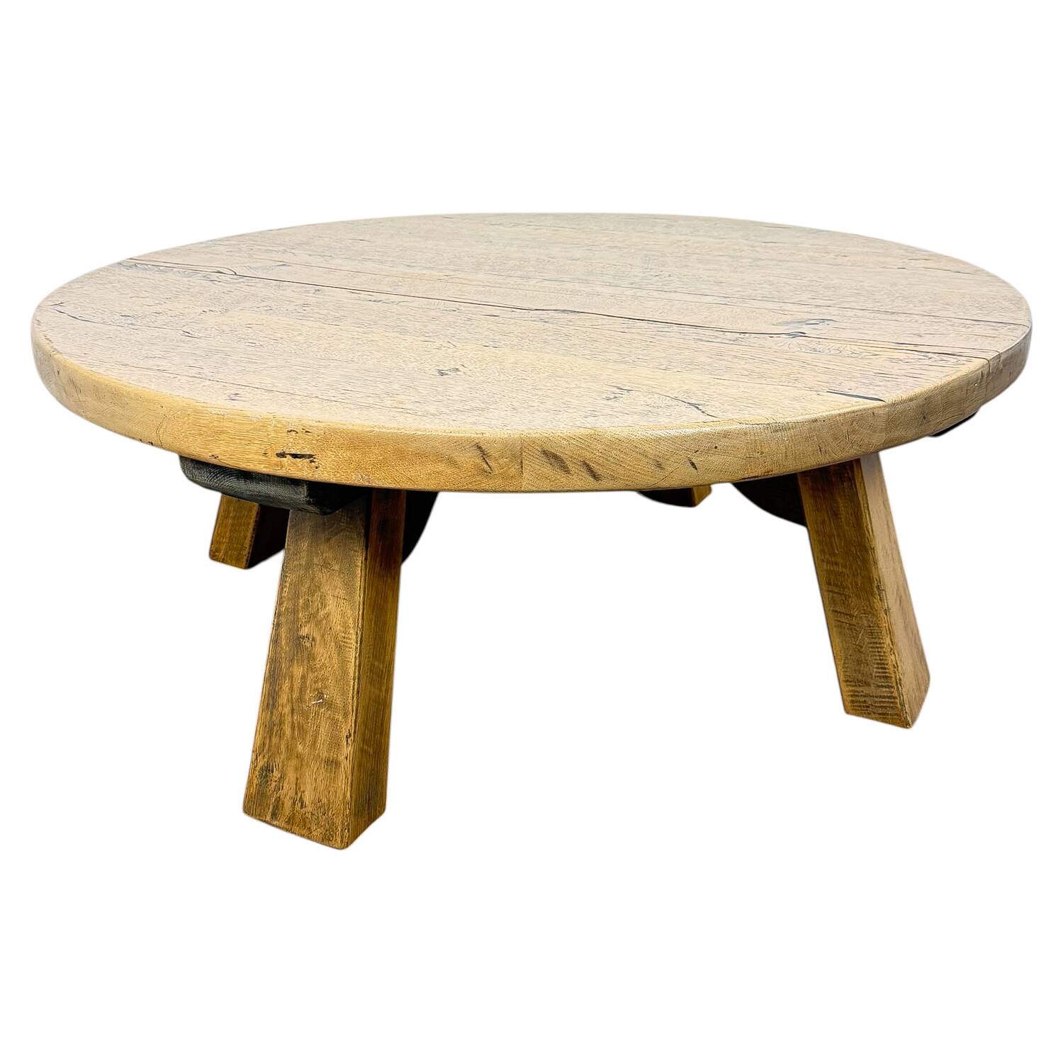 Rustic Solid Oak Coffee Table – Round Brutalist Style – Vintage European De