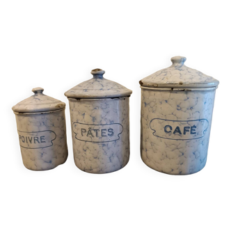 3 enameled spice jars