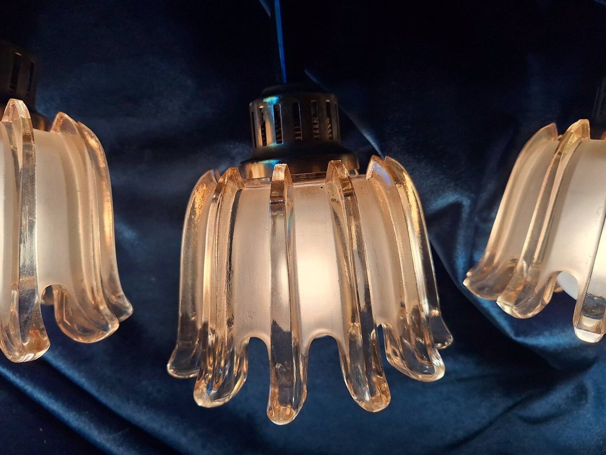 Set of 3 Doria pendant lights in brass and amber-coloured glass, 1960s