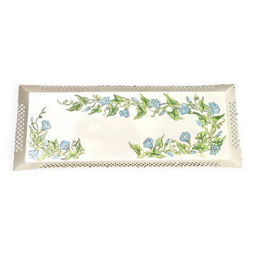 Large painted sheet metal tray with flower decoration