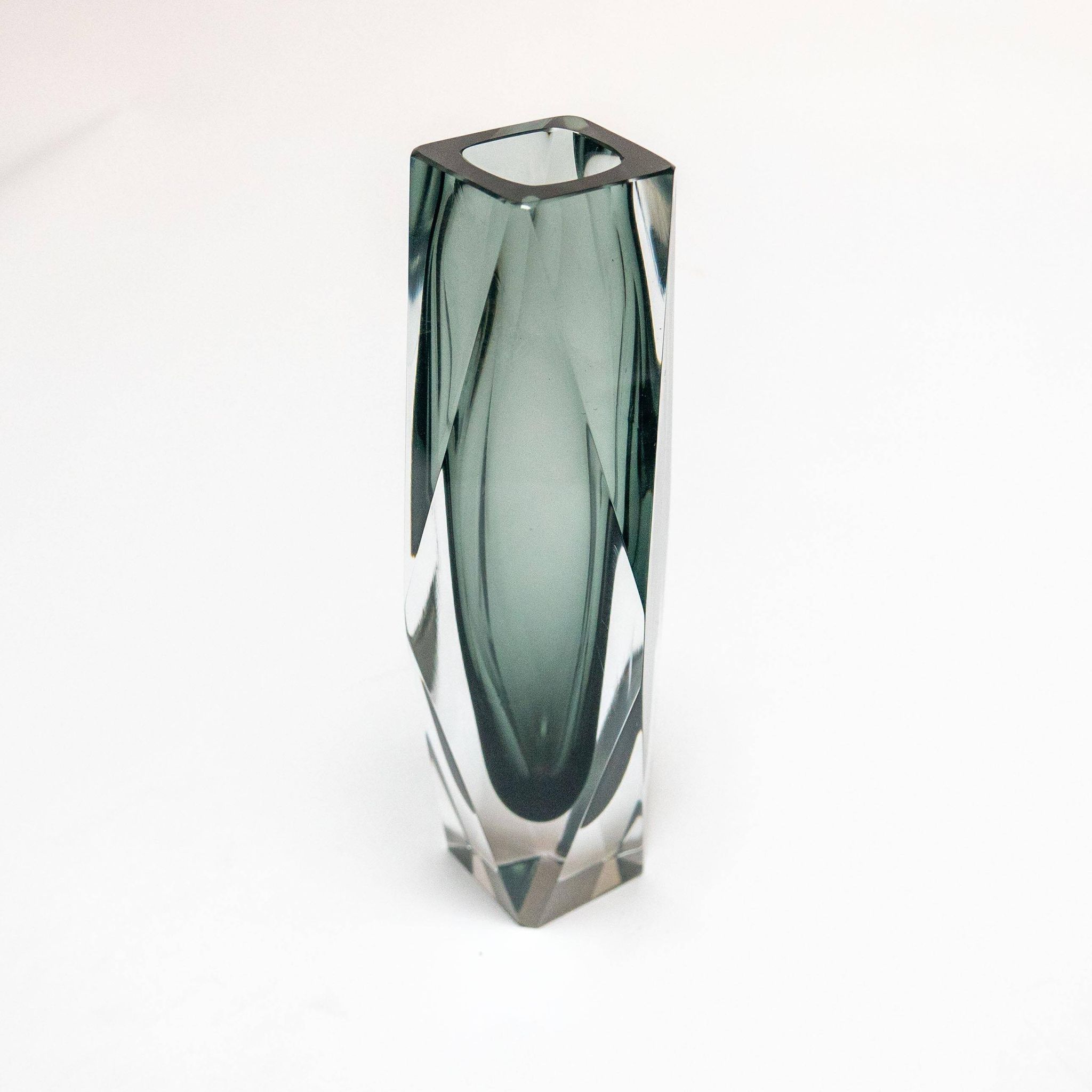 Vintage Geometric Vase in Grey "Sommerso" Murano Glass, Flavio Poli Style