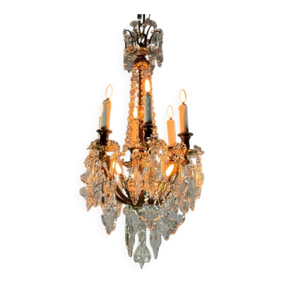 Lustre cage en bronze doré garni de pampilles en cristal taillé vers 1900