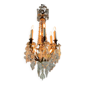 Gilt bronze cage chandelier decorated with cut crystal pendants circa 1900