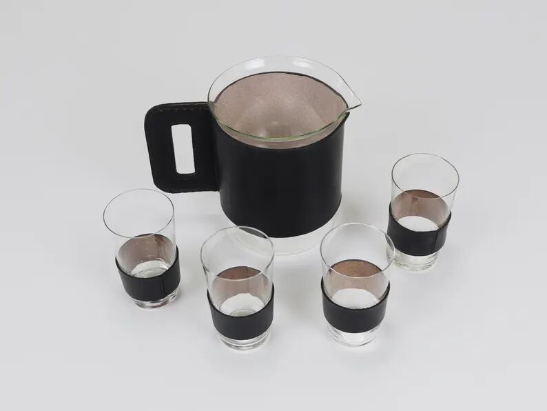 Carl Auböck Martini Set Black Leather Pitcher & Glasses, Austria, 1950s