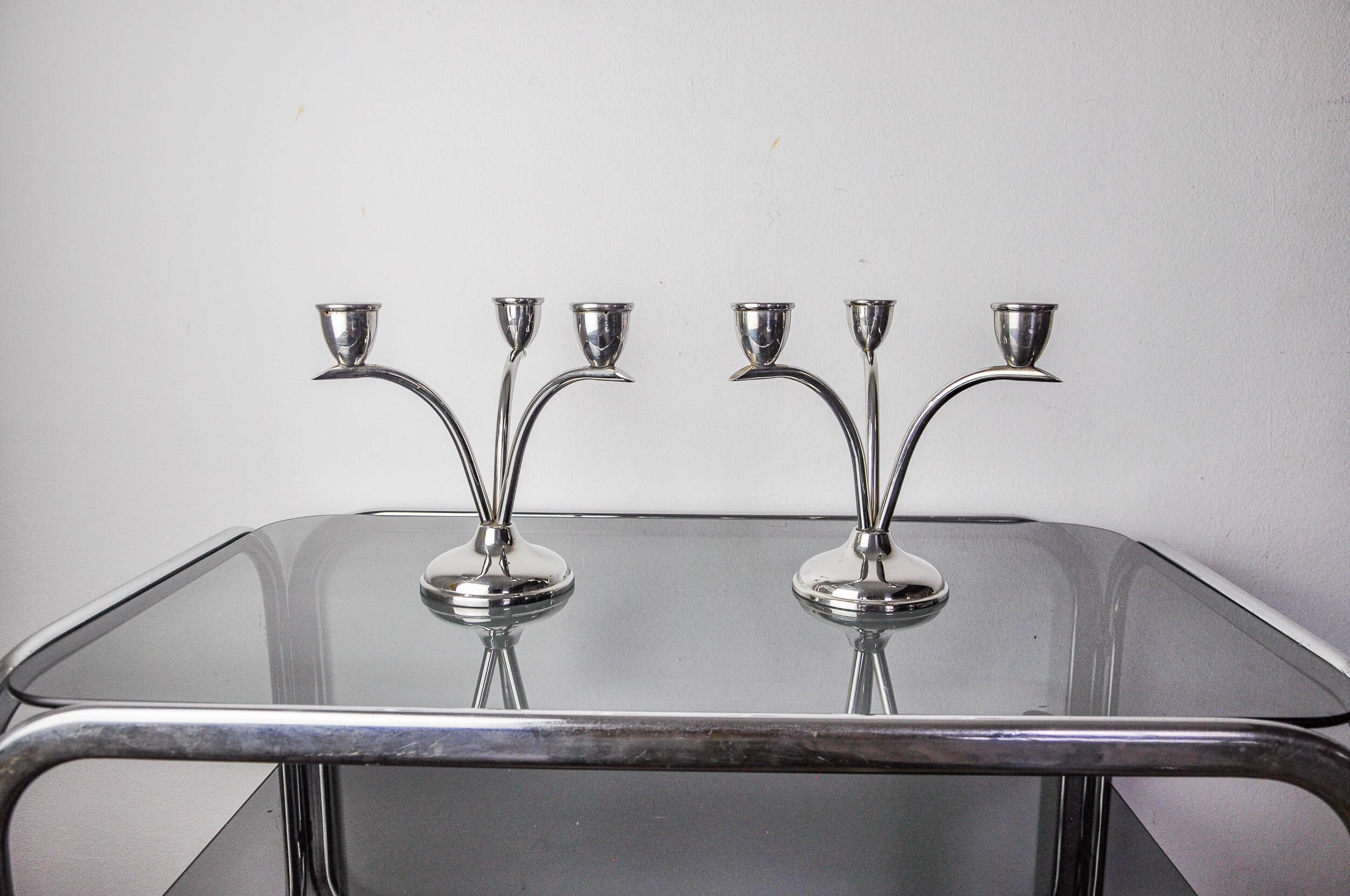 Pair of art deco stainless steel 3-flame candlesticks, Spain, 1970