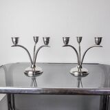Pair of art deco stainless steel 3-flame candlesticks, Spain, 1970