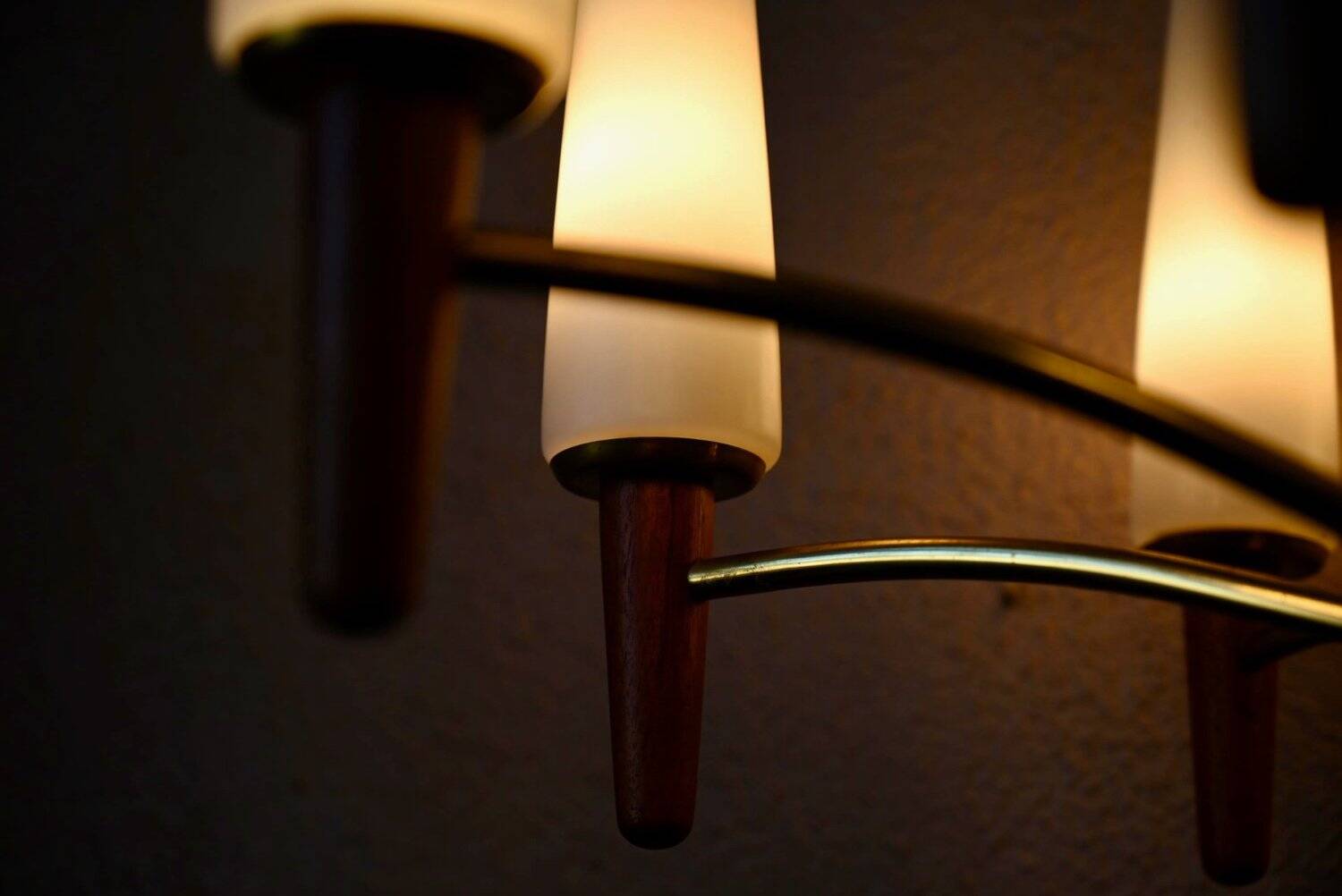 Scandinavian mid-century chandelier, teak, brass, opaline glass, 8 arms, 1950-1960.