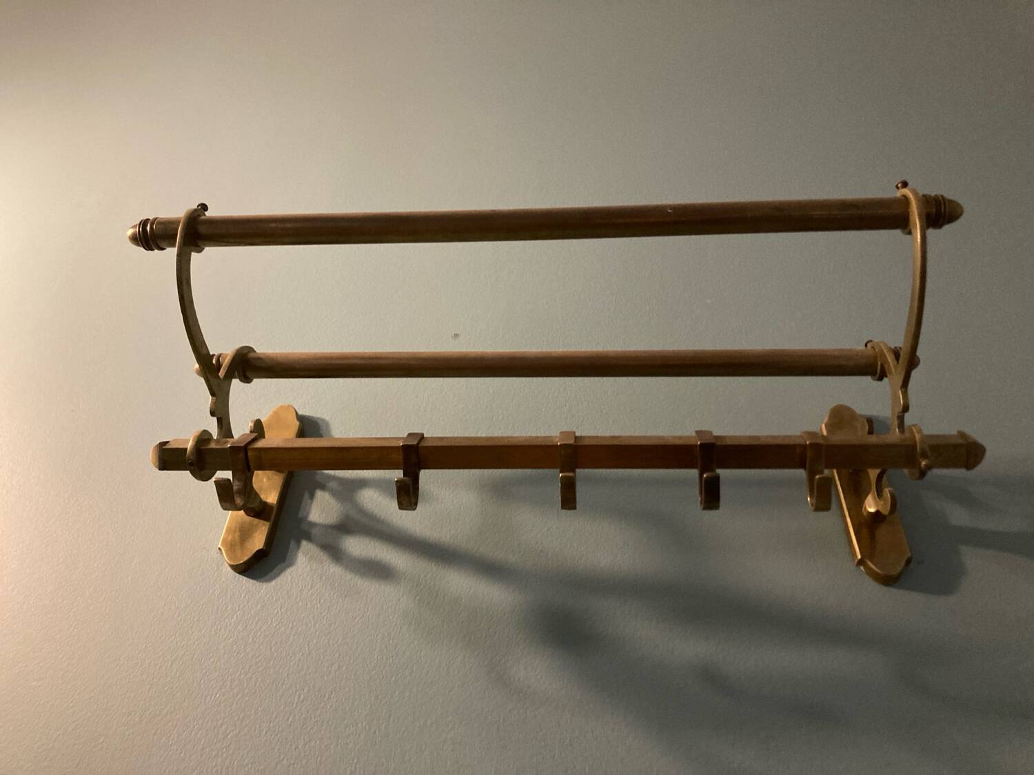 Antique brass coat rack and wall-mounted hat holder