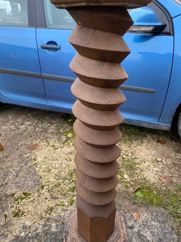 ancienne grosse vis de pressoir, sellette, porte plante en chêne massif