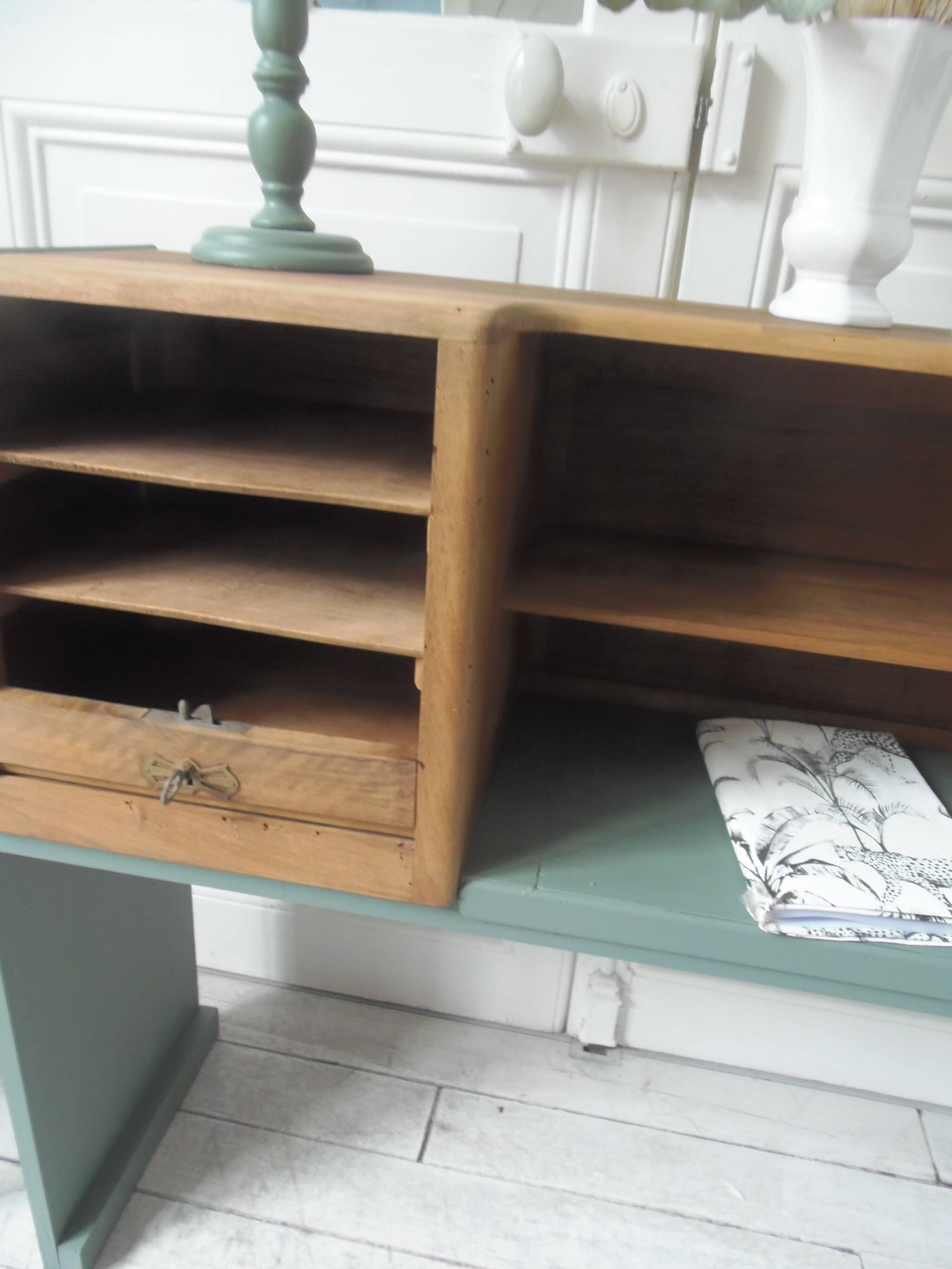 Console made with some old walnut elements. Unique smoky green piece.