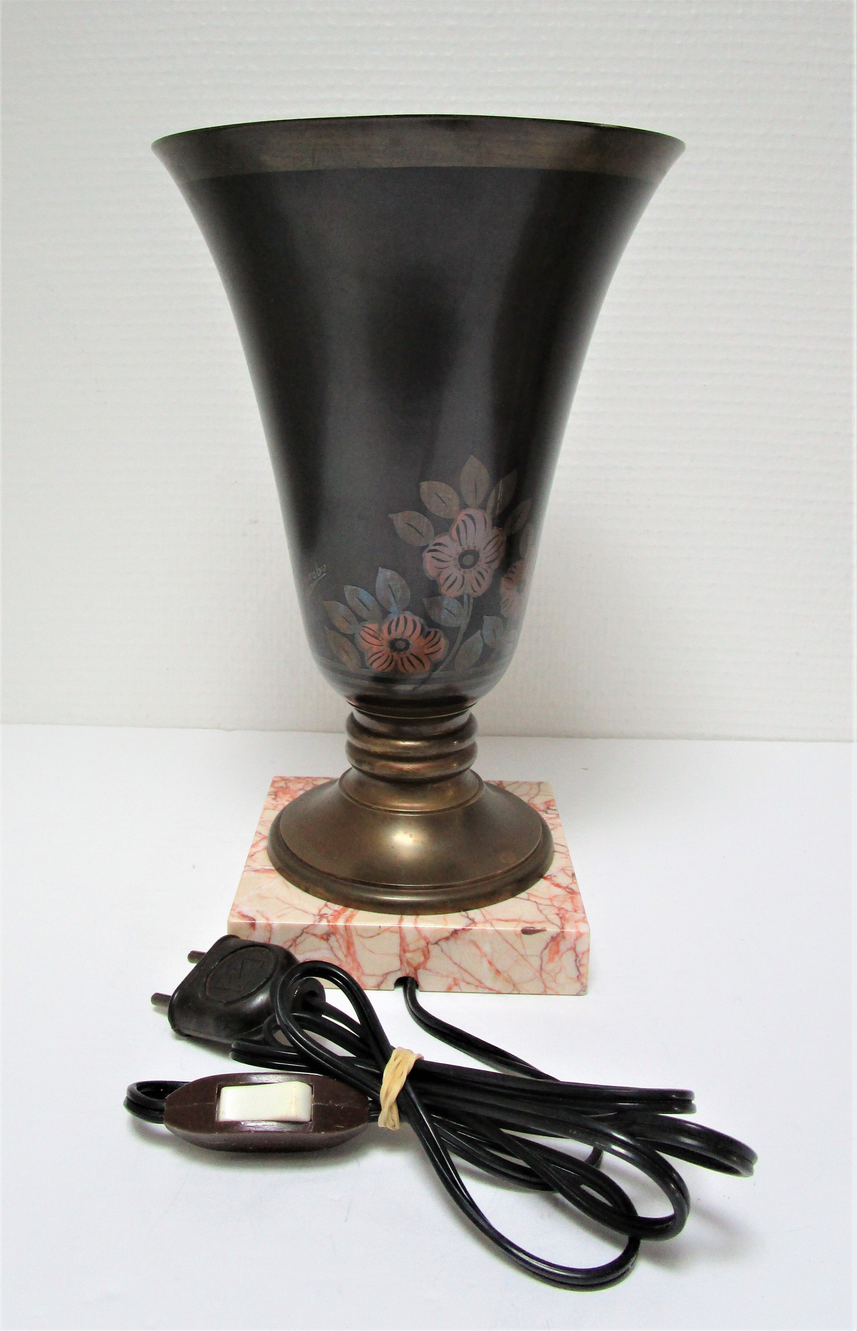 Lampe vasque art déco métal et marbre signée a.ducobu décor fleurs oiseau