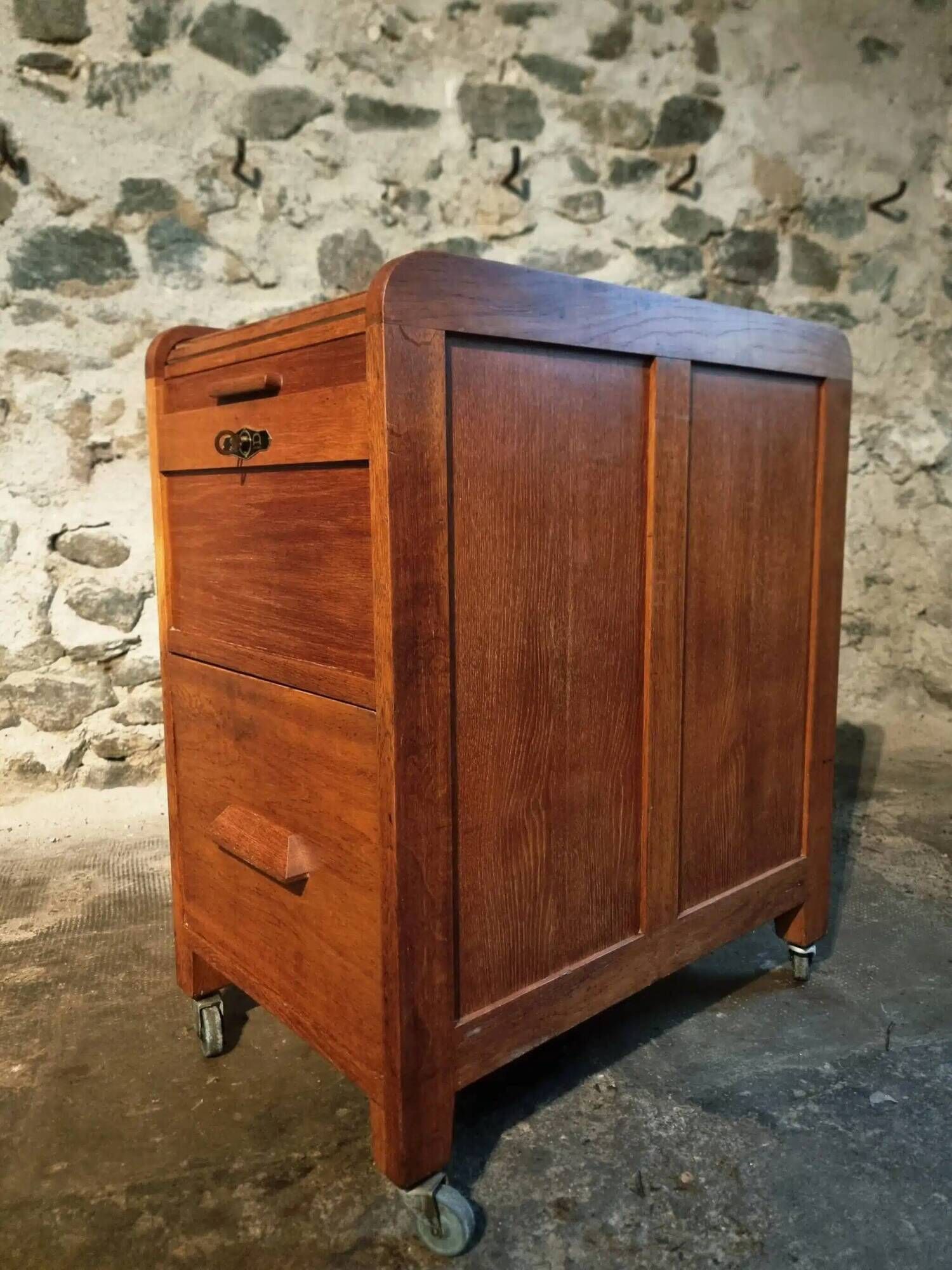 Vintage French oak office rolling cabinet with tambour door, 1950s.