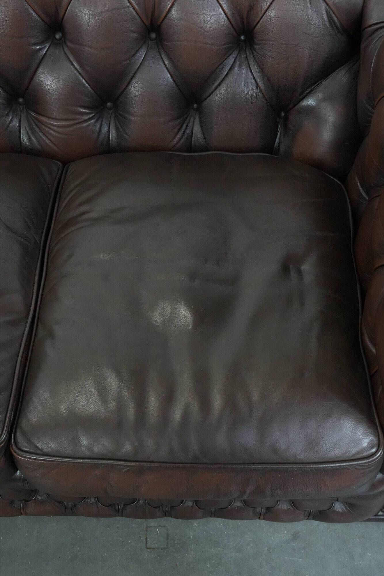Dark brown cow leather vintage 2-seater Chesterfield sofa in English style