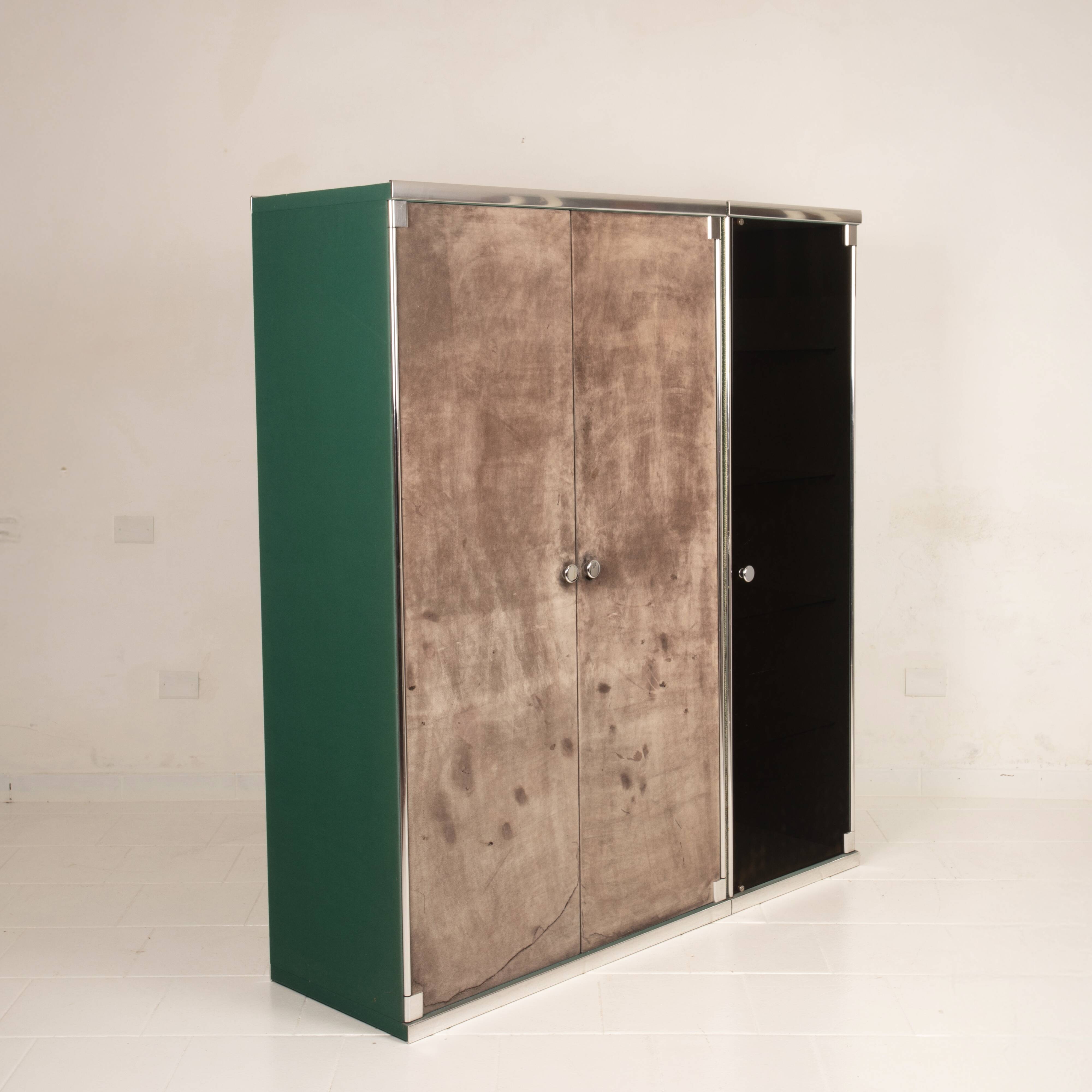 Guido Faleschini Astro Smoked Glass and Suede Cabinets for i4 Mariani 1979