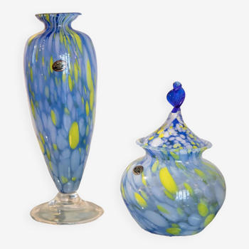 Blue yellow blown murano glass vase and pot set