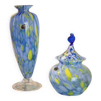 Blue yellow blown murano glass vase and pot set