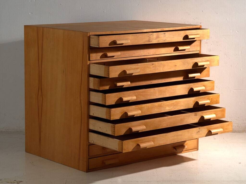 Antique plan cabinet in beech wood – Central Europe, around 1950