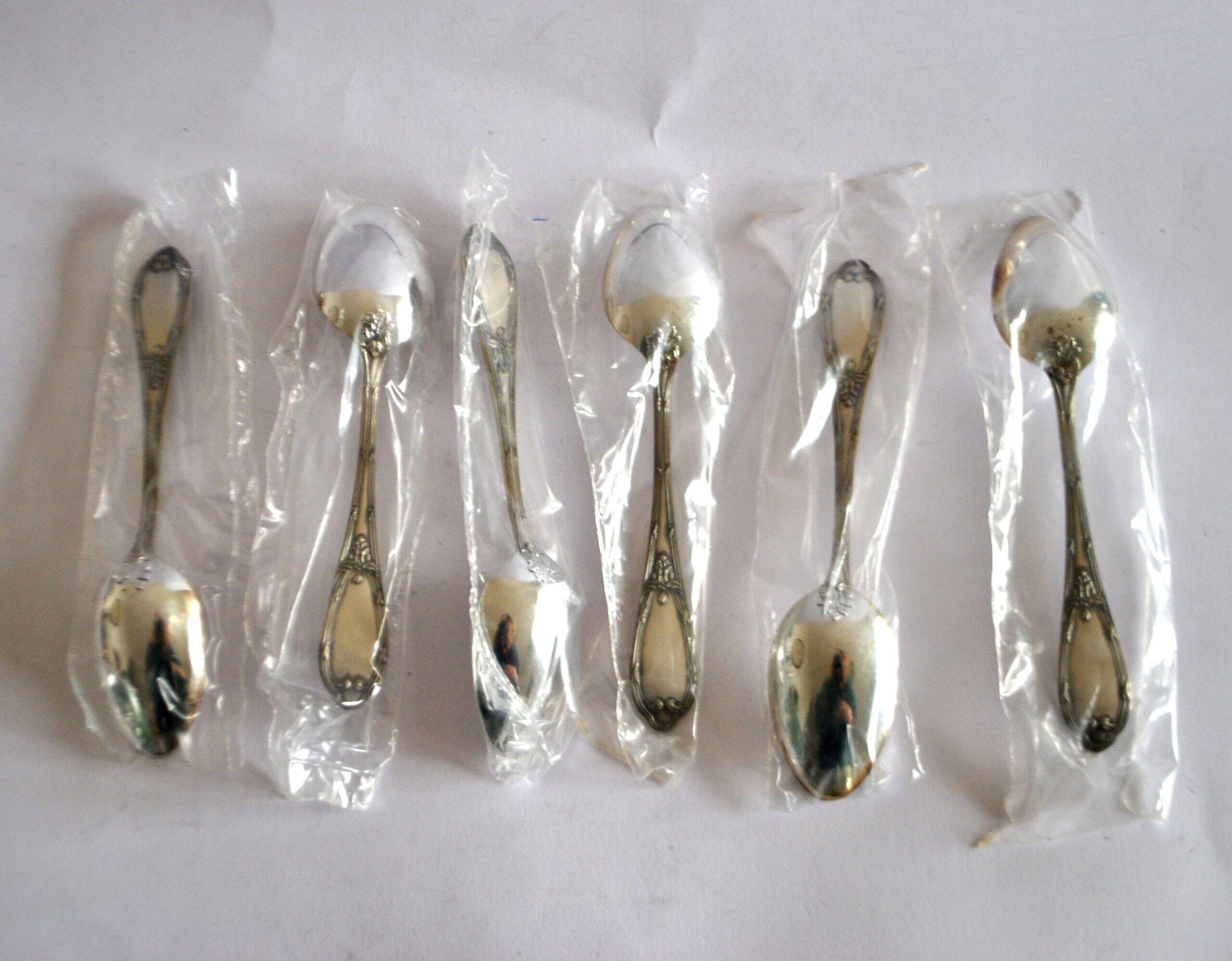DEETJEN set of 6 silver-plated metal teaspoons or dessert spoons with crossed ribbons, new, 14.5 cm