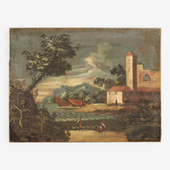 Ancien Tableau Italien Paysage Marin Huile Sur Toile Du 18ème Siècle