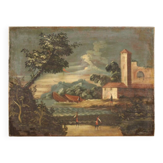 Ancien Tableau Italien Paysage Marin Huile Sur Toile Du 18ème Siècle
