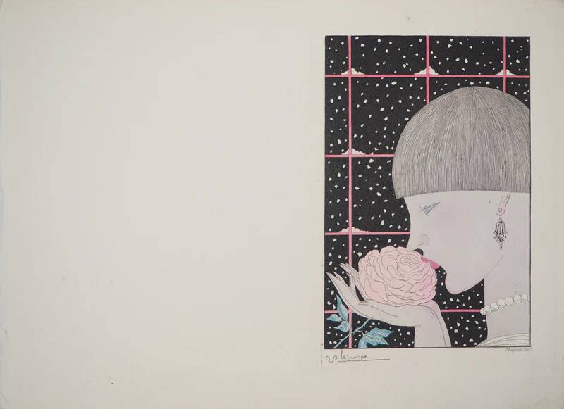 Georges Lepape: Art Deco, young woman with a rose, original signed engraving